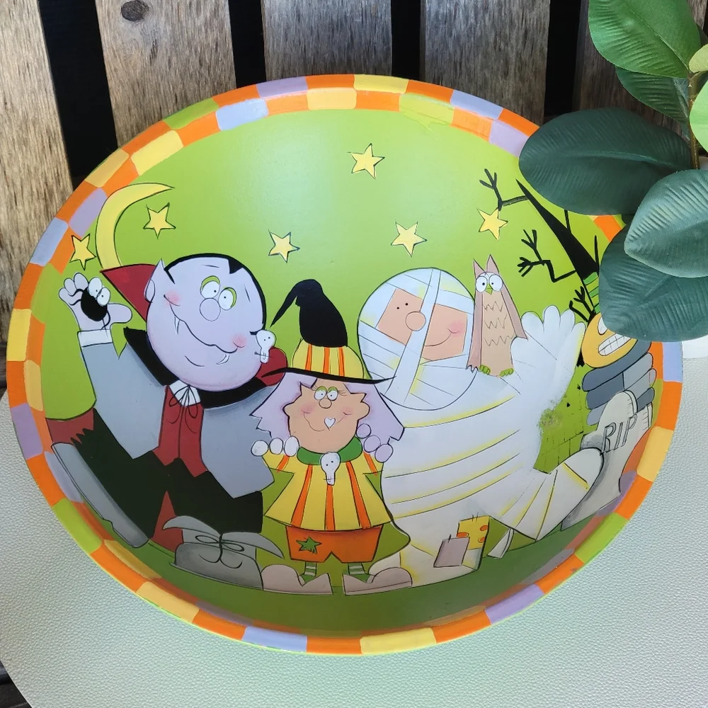 Vintage Tina Ledbetter Halloween Party Bowl Handpainted Dracula Mummy & Witch